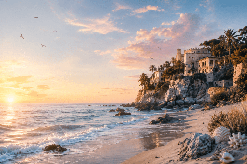 Elegant coastal villa overlooking the ocean at sunrise with palm trees, rocky cliffs, and a sandy beach.
